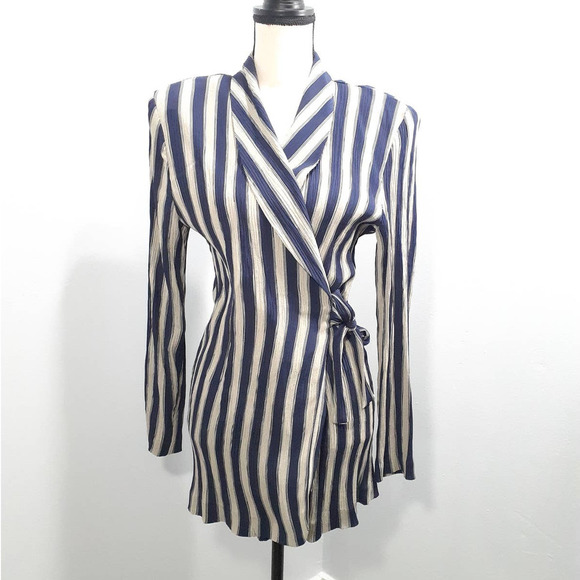 Navy and White Striped Wrap Blouse - Picture 1 of 7